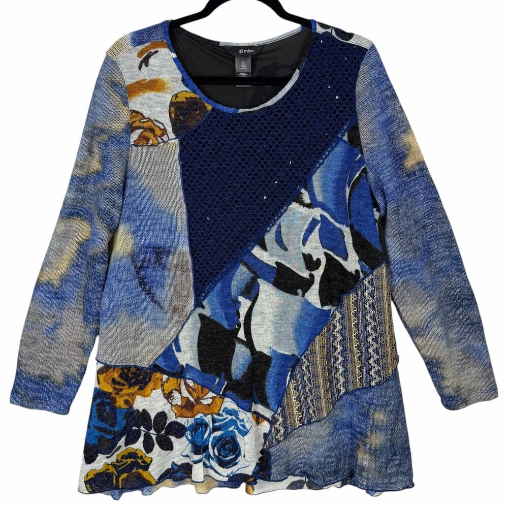Ali Miles Tunic Sweater Womens XL Patchwork Mesh Abstract Artsy Eclectic Whimsy